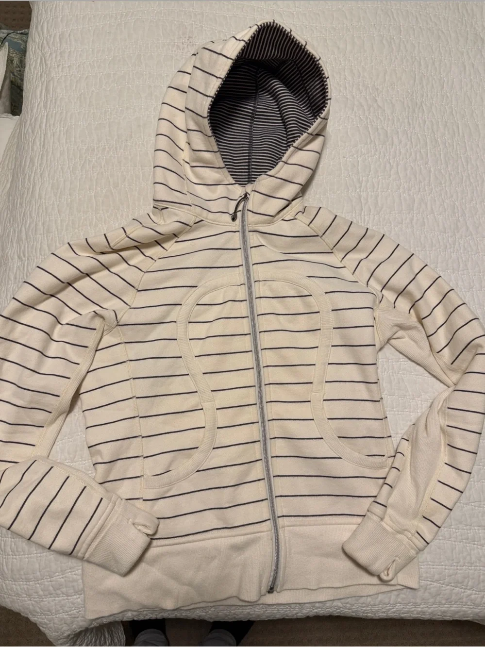 lululemon athletica Cream and Navy Striped Full‑Zip Bomber Hoodie
